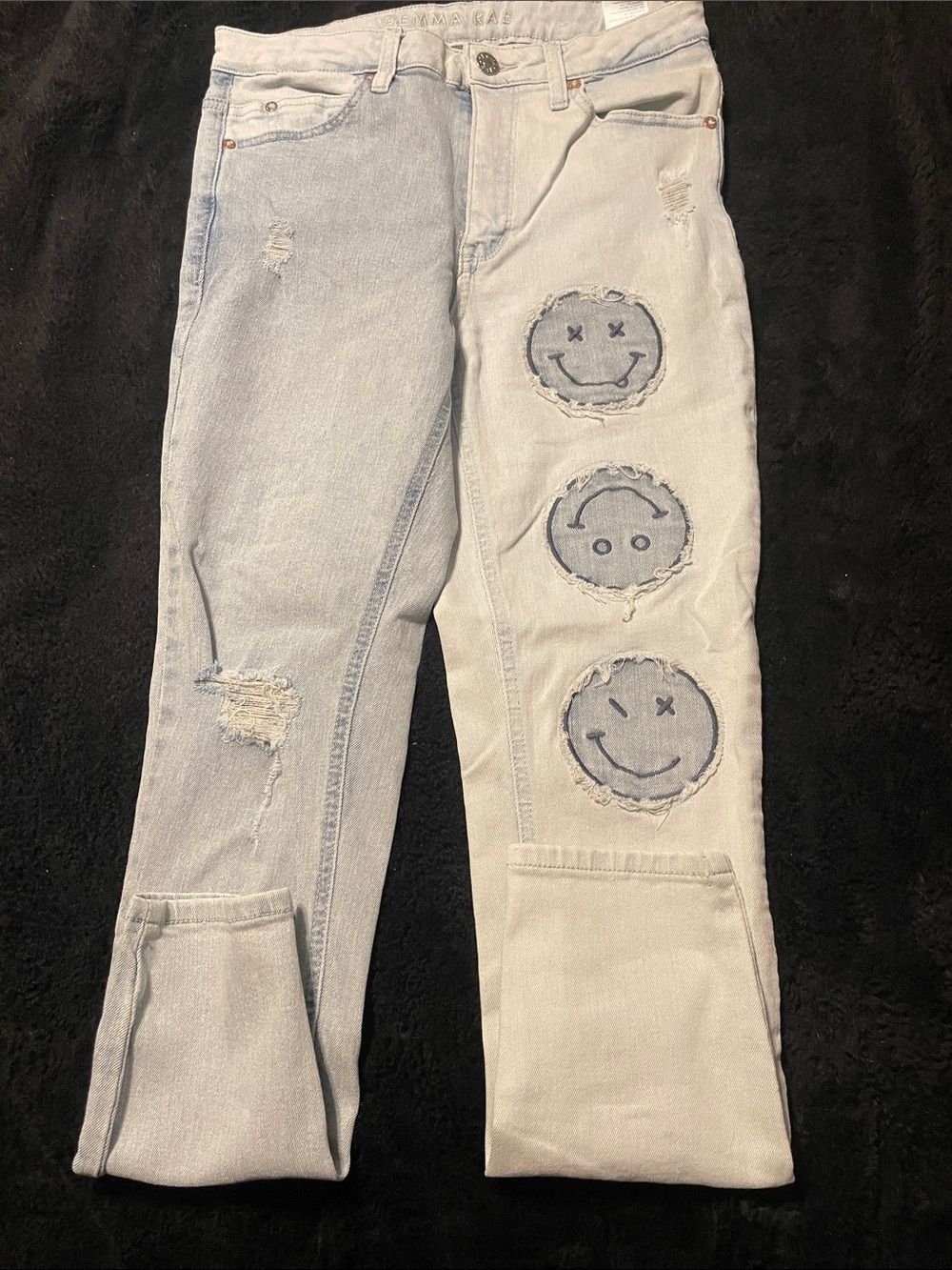 Rip by the top Two-Tone Light Wash Denim Jeans with Distressed Smile Patches